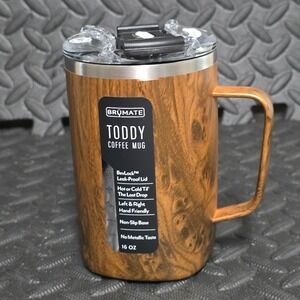 Brumate Toddy Coffee Mug 16 oz Walnut Wood Grain Insulated Cup Leak Proof Lid
